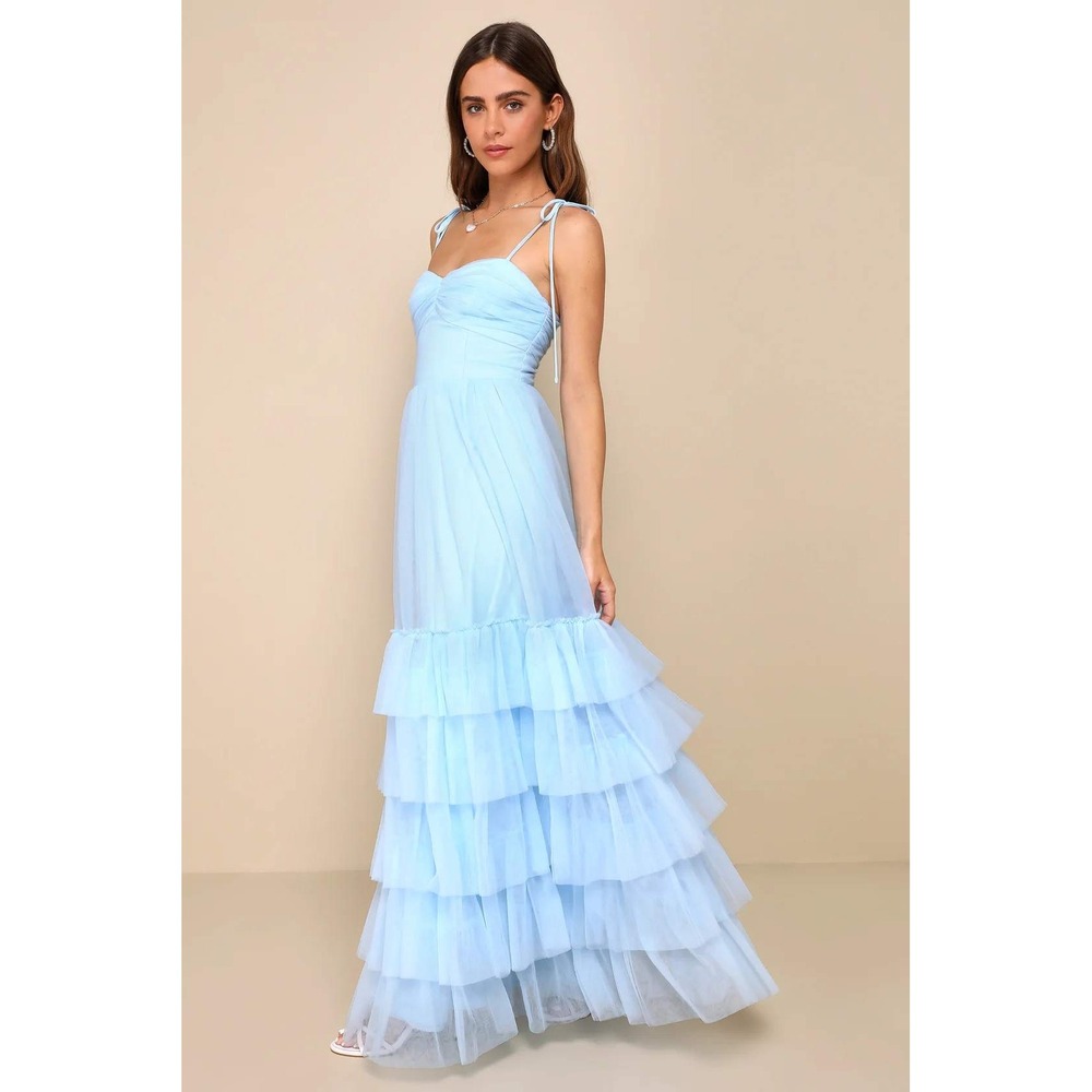 Lulus‎ Endlessly Darling Light Blue Mesh Tiered Tie-Strap Maxi Dress Size XS - Picture 3 of 4